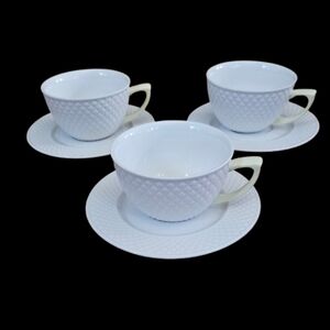 Solecasa Coffee/Tea & Saucer w/White Diamond Pattern & Yellow Handles Set of 3